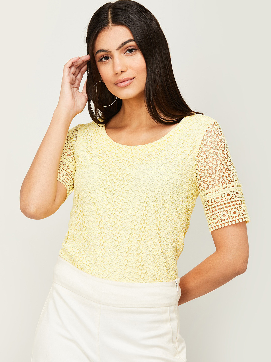 Buy CODE By Lifestyle Women Yellow Self Design Top Tops for Women
