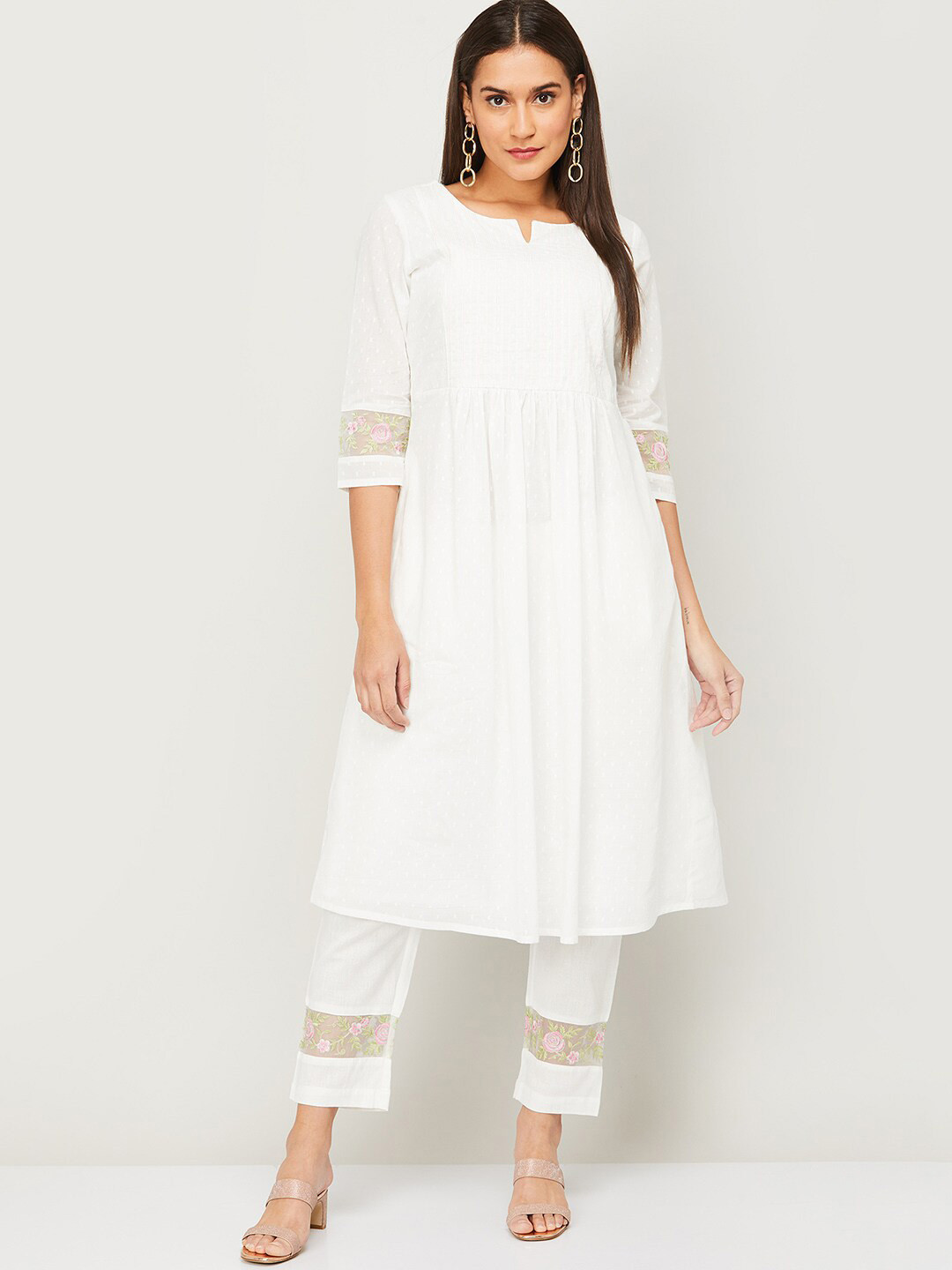 White Printed Pure Cotton A-Line Kurta Trouser Set