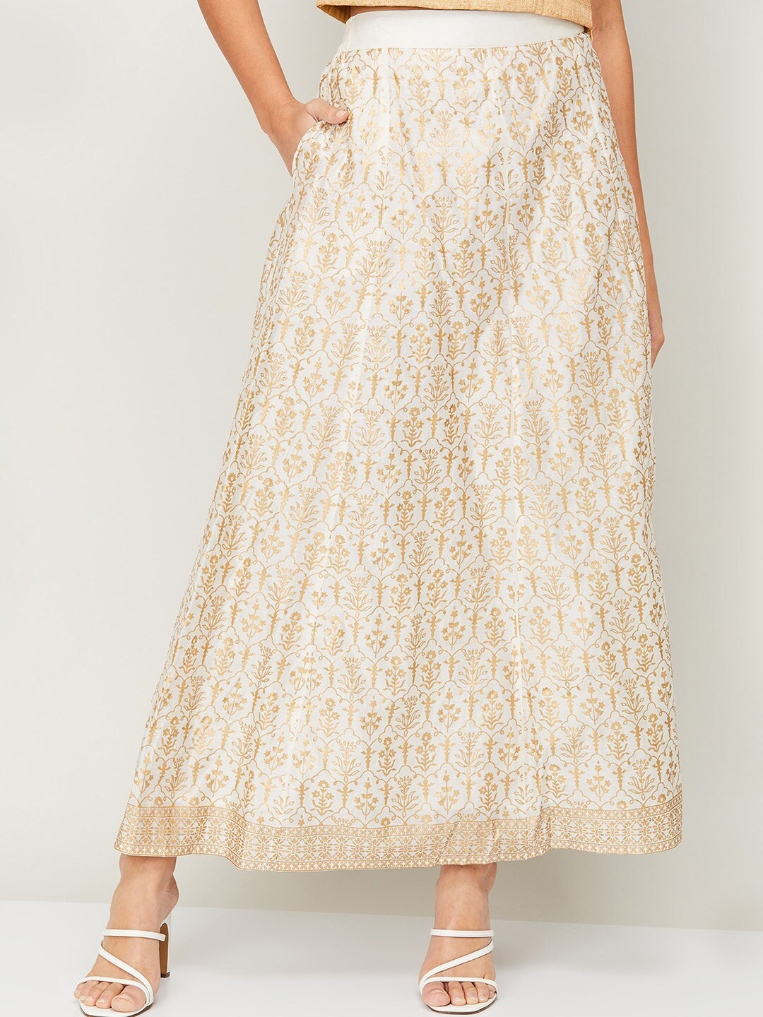 Buy Melange By Lifestyle Women White & Gold Coloured Printed Maxi