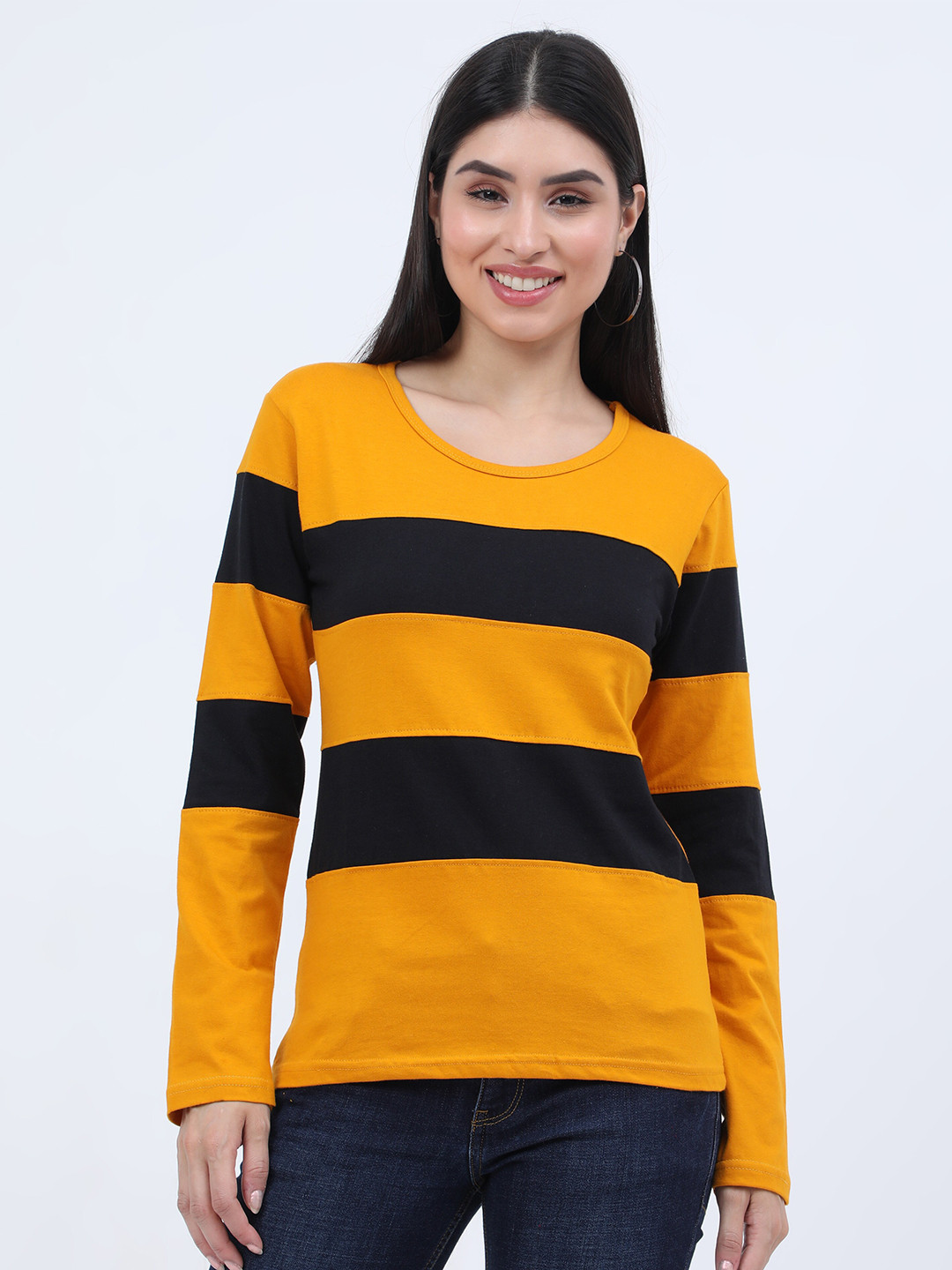 Buy Fleximaa Women Mustard Yellow & Black Striped T Shirt Tshirts for