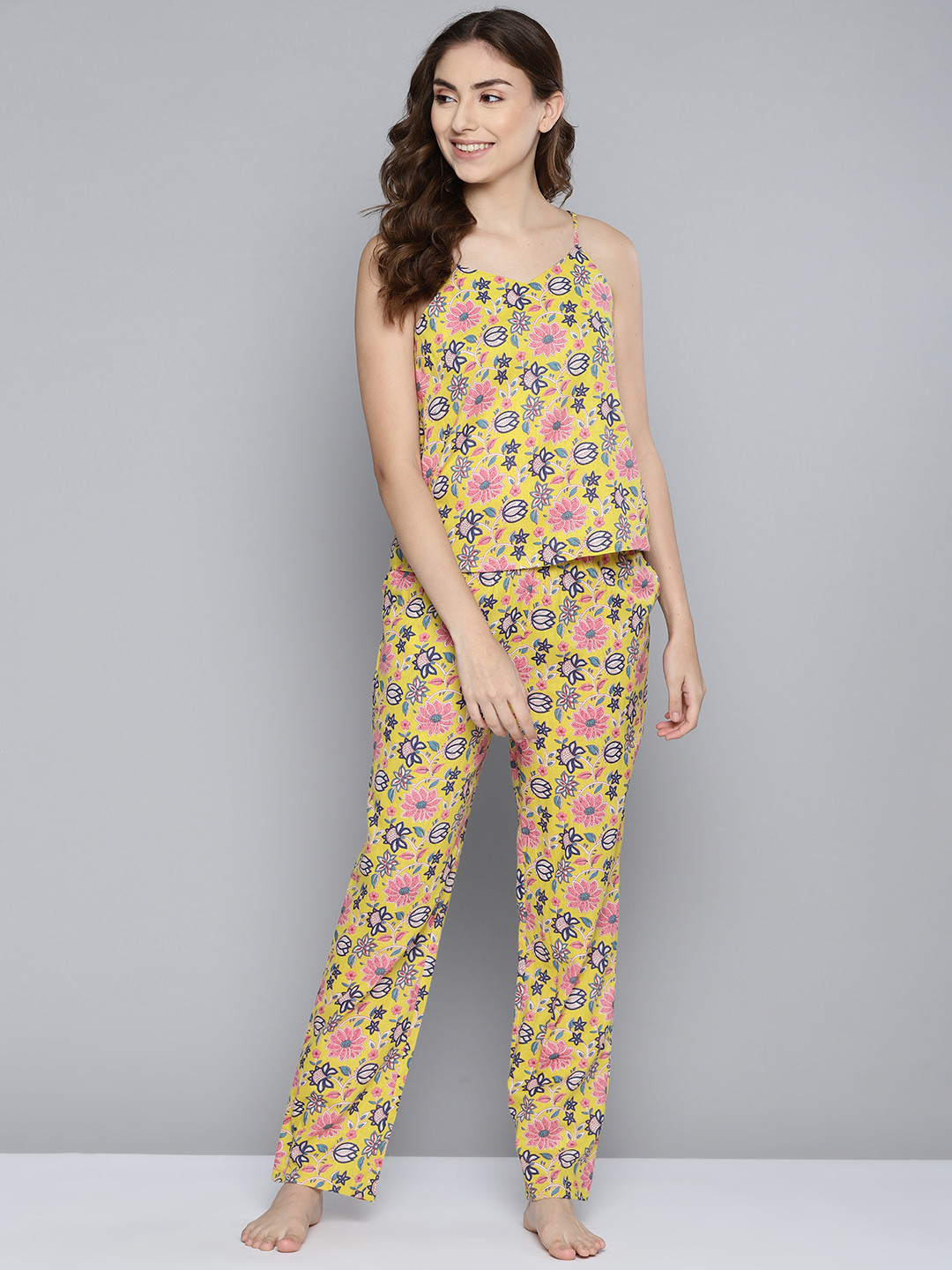 Women Yellow Printed Night Suit