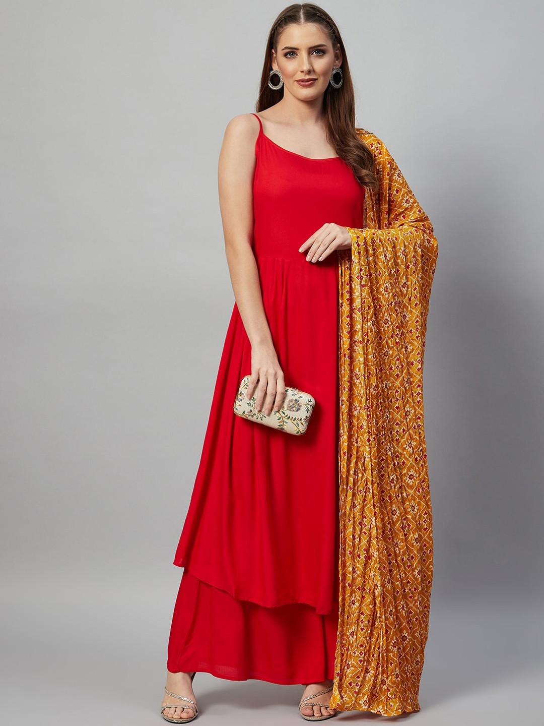 Women Red Embroidered Straight Kurta Palazzos With Dupatta set