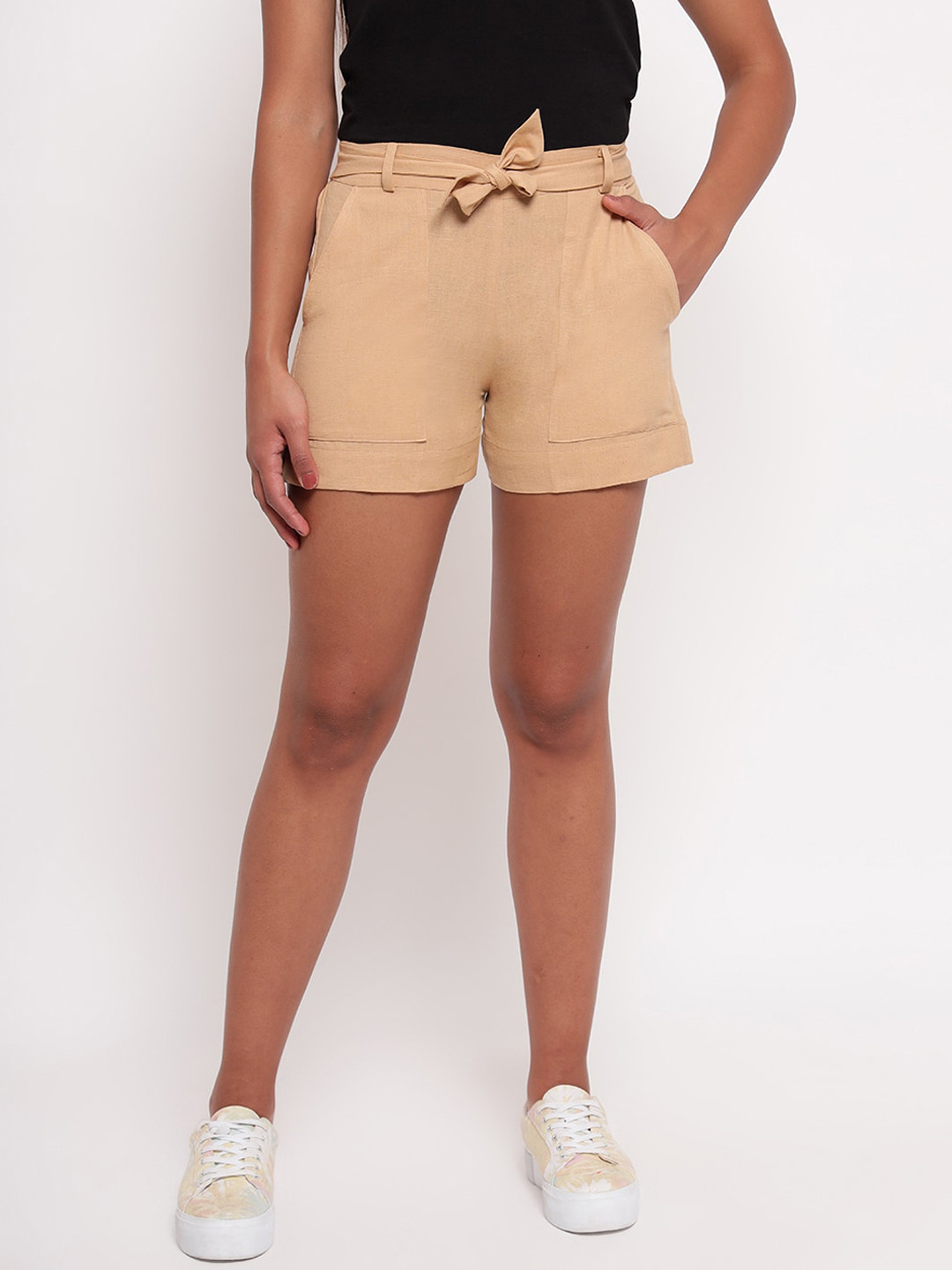 Buy Aawari Women Tan High Rise Cotton Shorts Shorts for Women