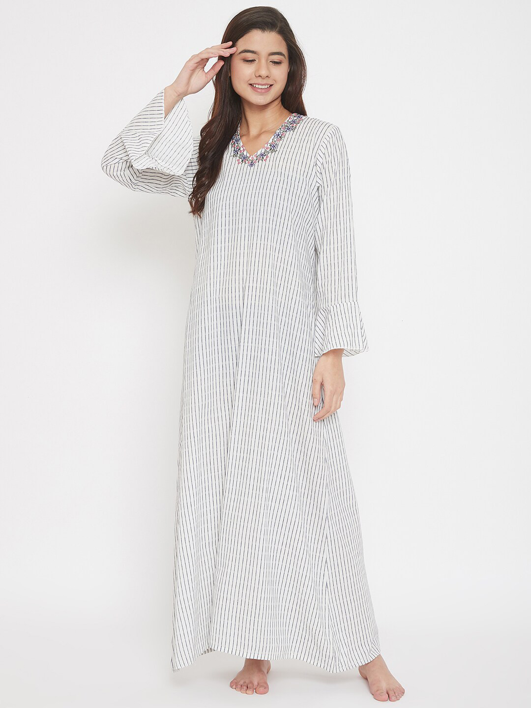 Buy The Kaftan Company White Embroidered Pure Cotton Maxi Nightdress