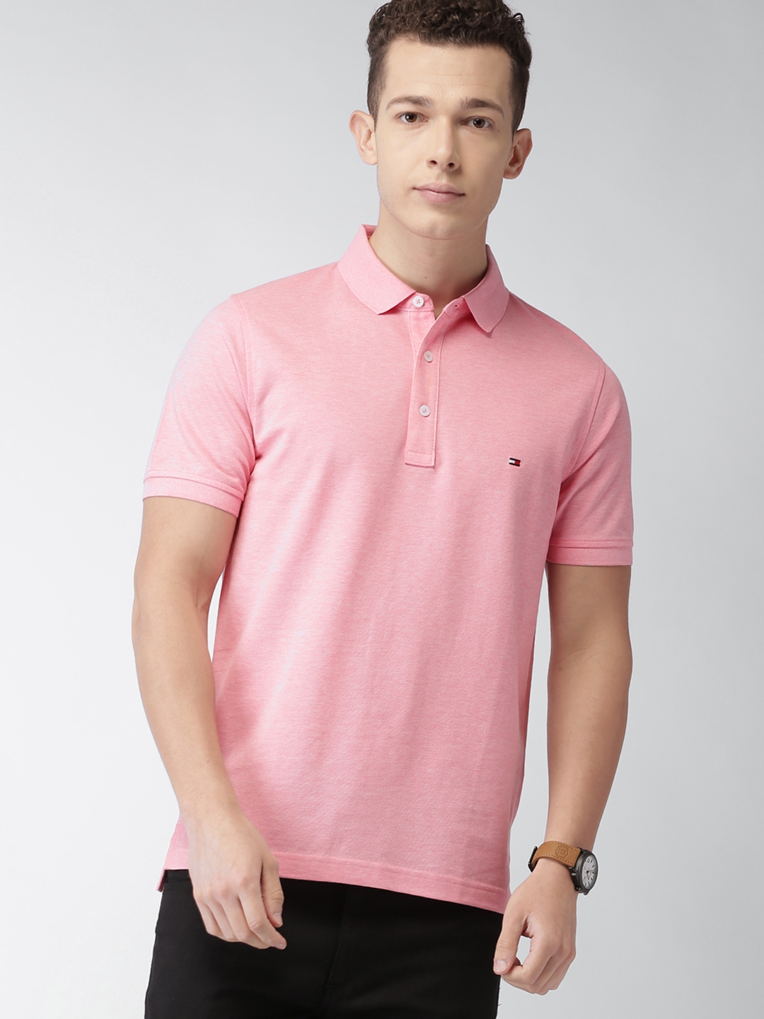 Buy Tommy Hilfiger Men Pink Solid Slim Fit Polo Pure Cotton T Shirt ...