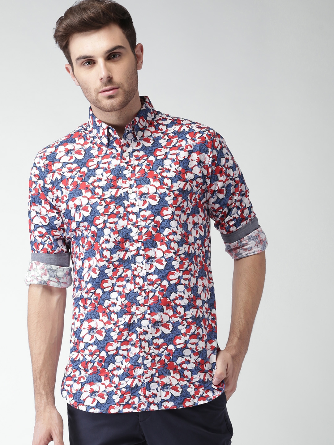 Buy Tommy Hilfiger Men Blue & Red Regular Fit Floral Print Casual Shirt ...