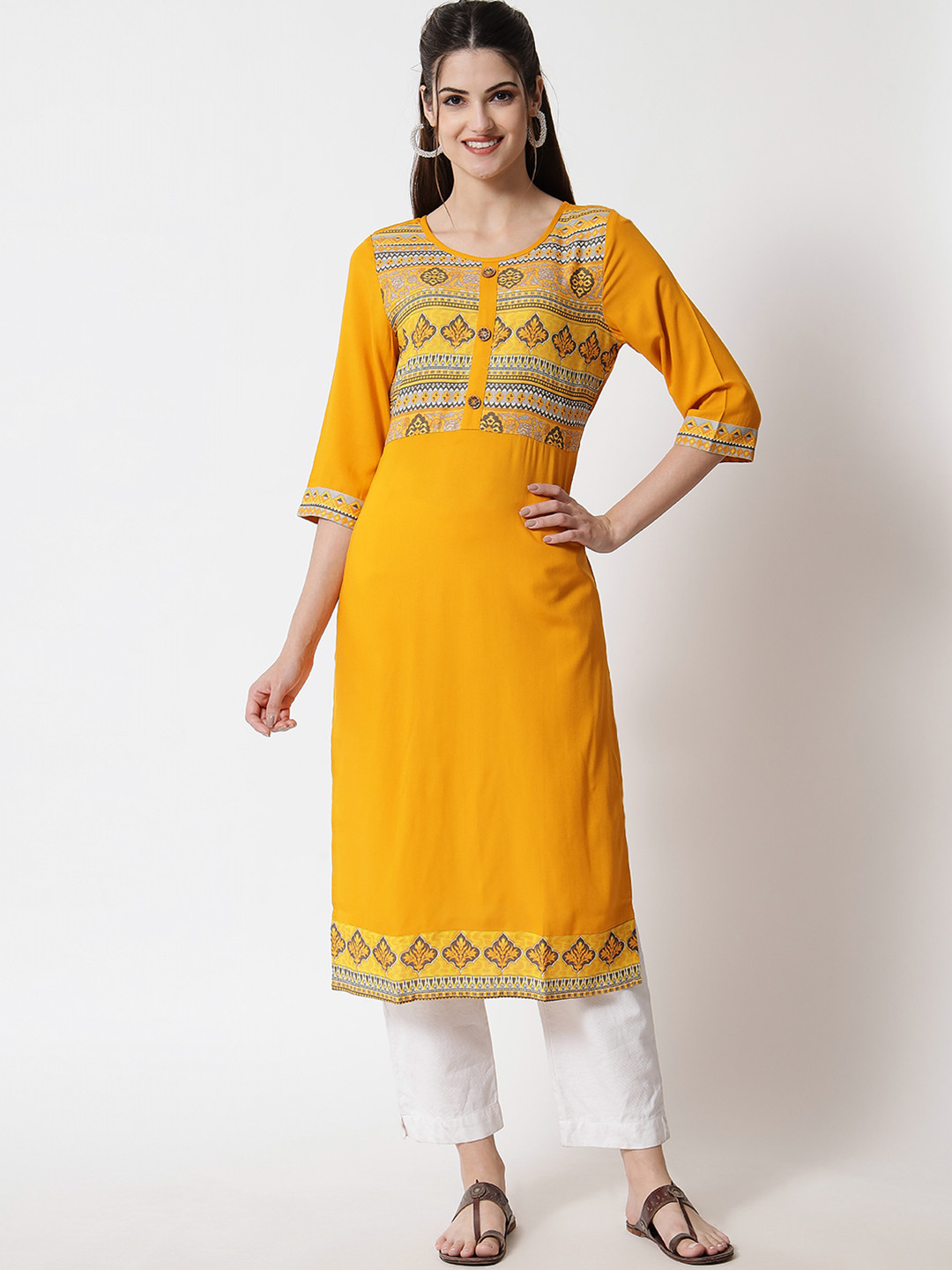 Buy Shopping Queen Women Mustard Yellow Ethnic Motifs Printed Kurta Kurtas for Women 17911798
