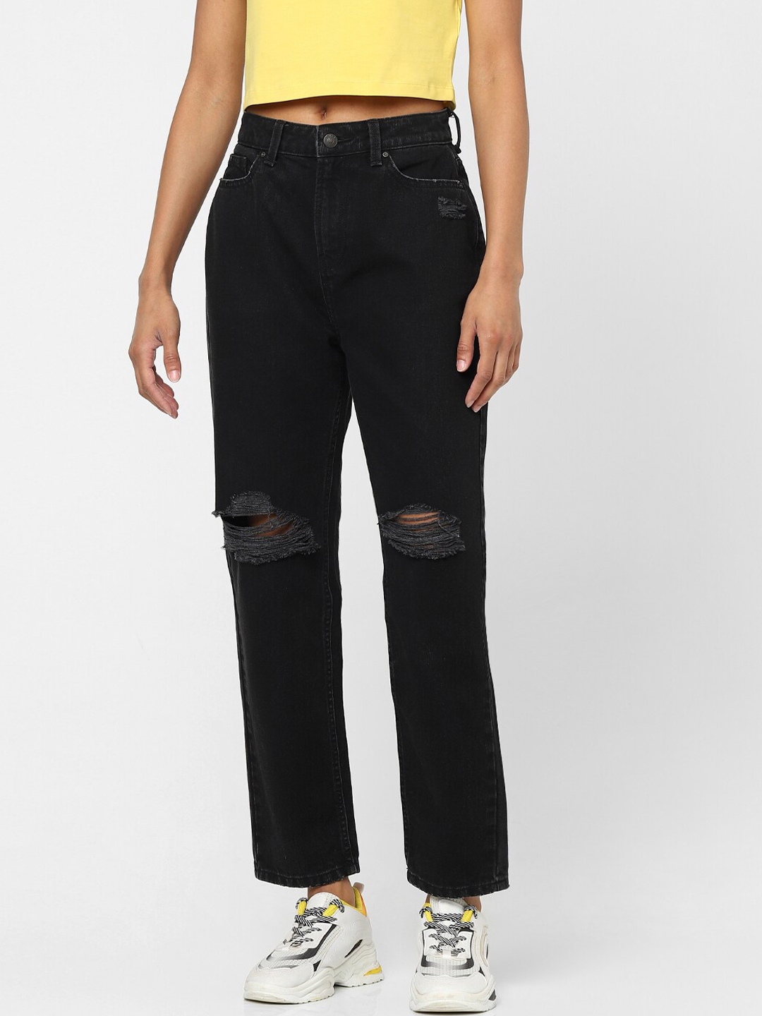 Buy ONLY Women Black Straight Fit High Rise Mildly Distressed Jeans ...