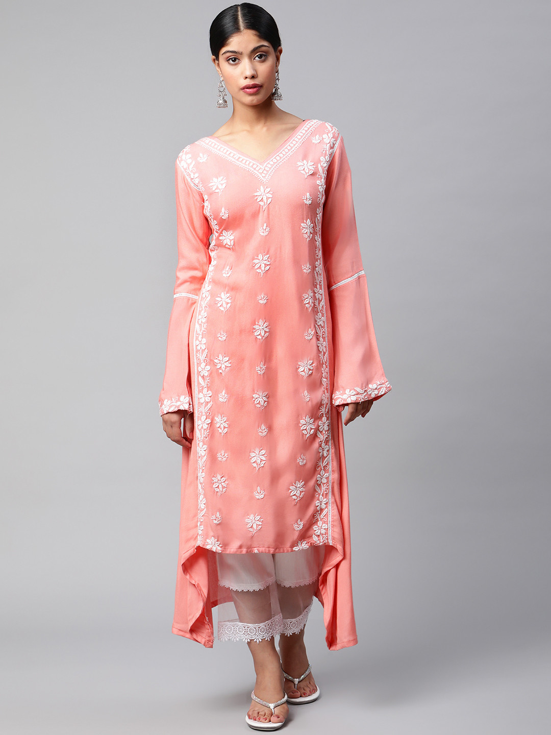 Buy SHADES Floral Embroidered Bell Sleeves Chikankari Asymmetric Kurta