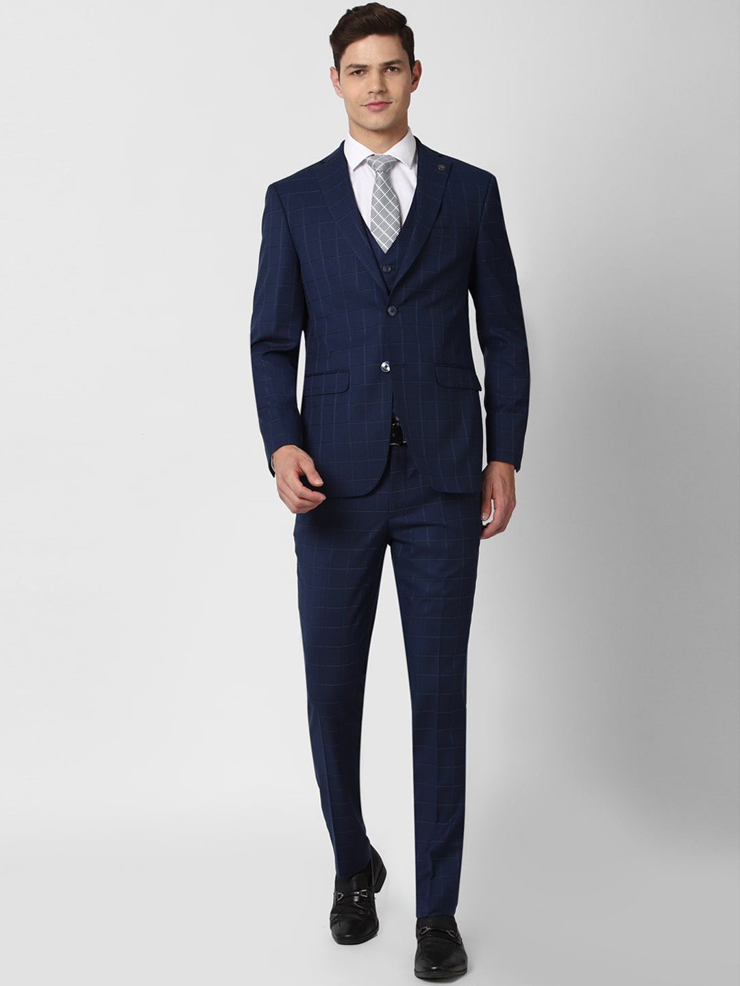 Buy Peter England Elite Men Navy Blue Checked 3 Piece Slim Fit Formal