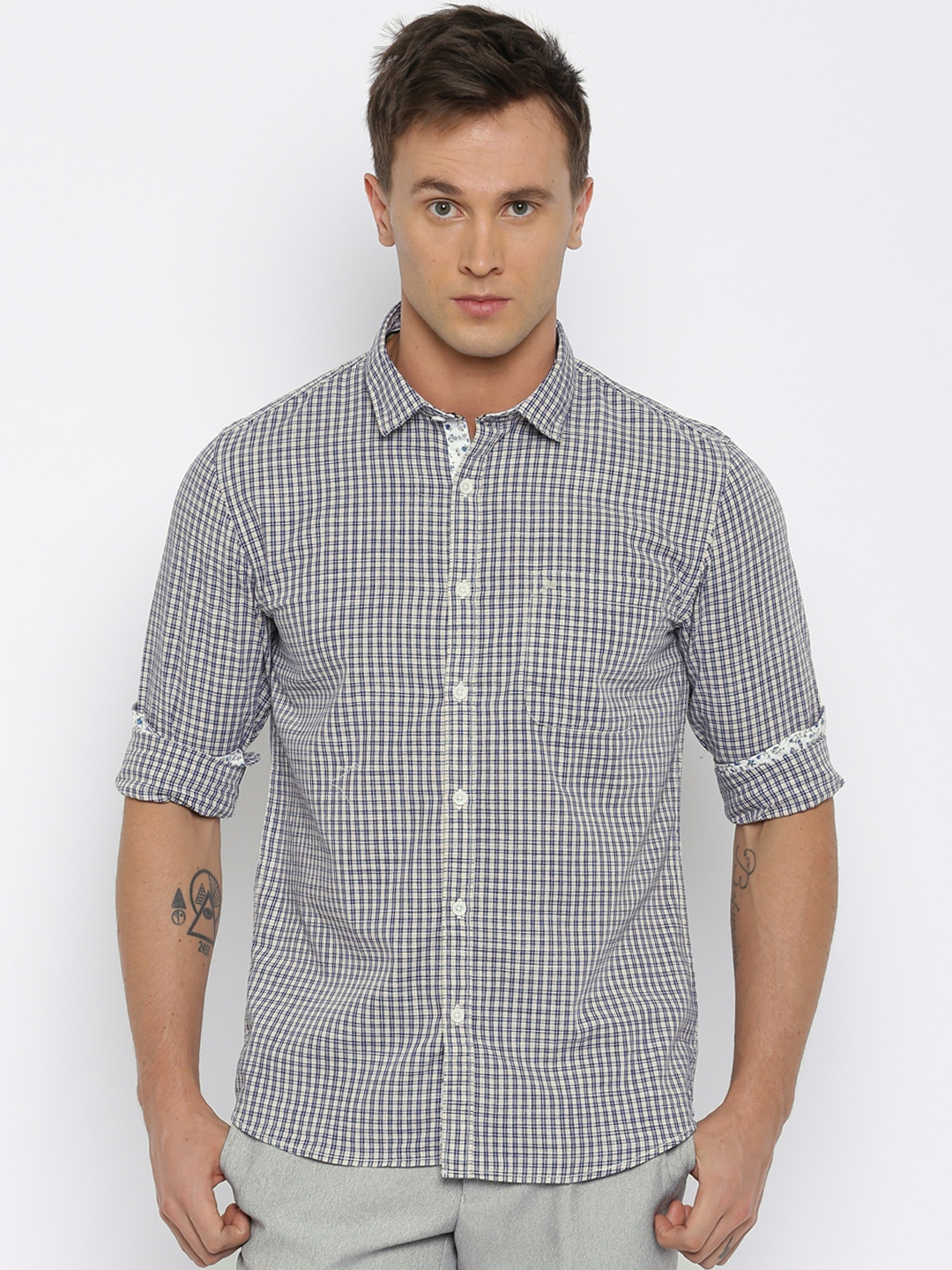 Buy John Miller Hangout Men Beige & Navy Checked Slim Fit Casual Shirt