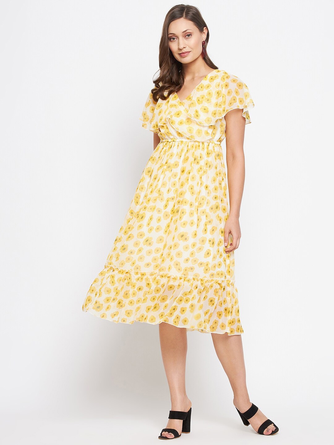 Buy Bitterlime Yellow & White Floral Georgette Dress - Dresses for ...