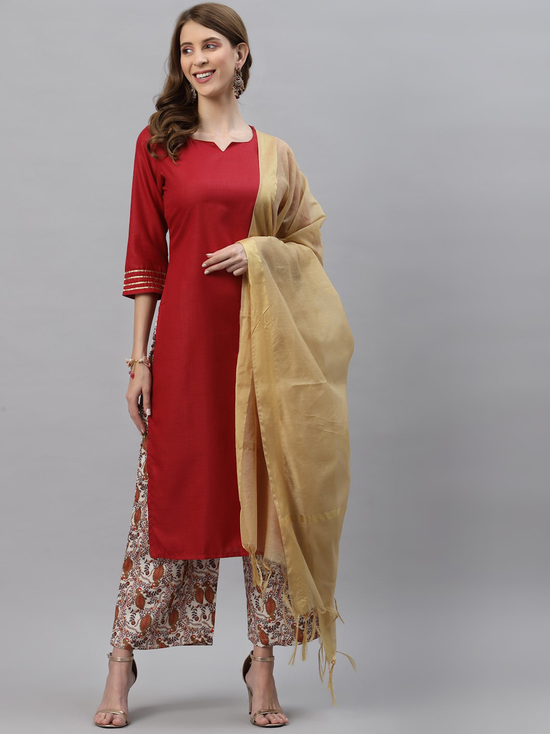Maroon Printed Kurta Set with Dupatta for Women