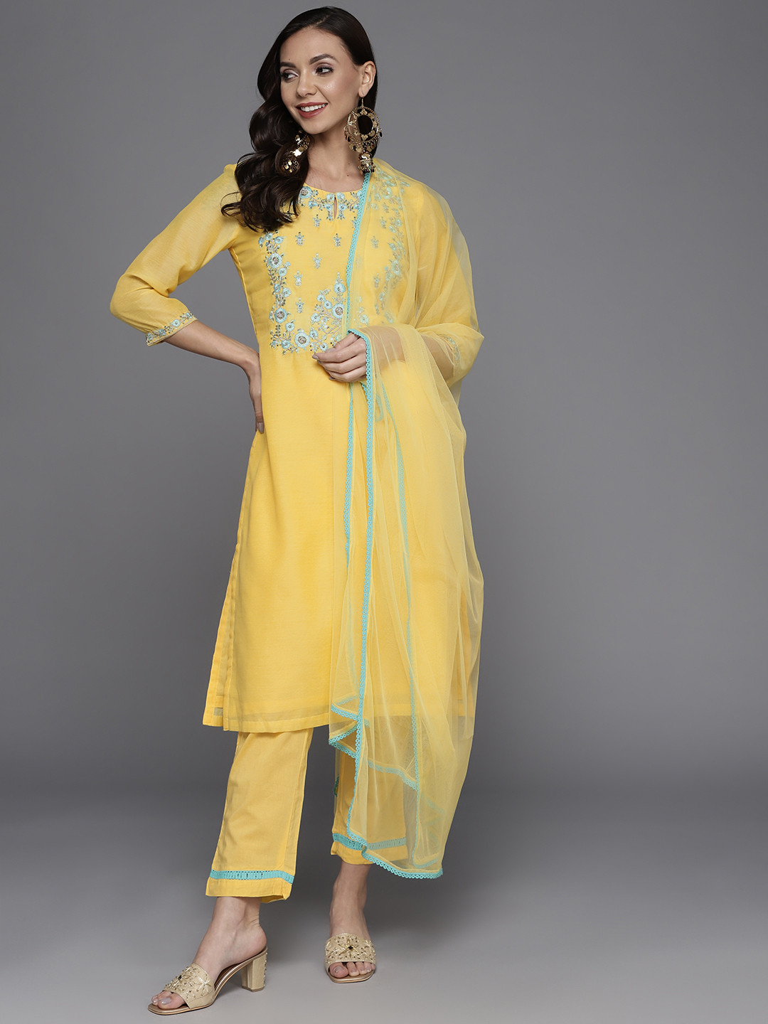 Buy Biba Women Yellow Floral Yoke Design Sequinned Kurta With Trousers