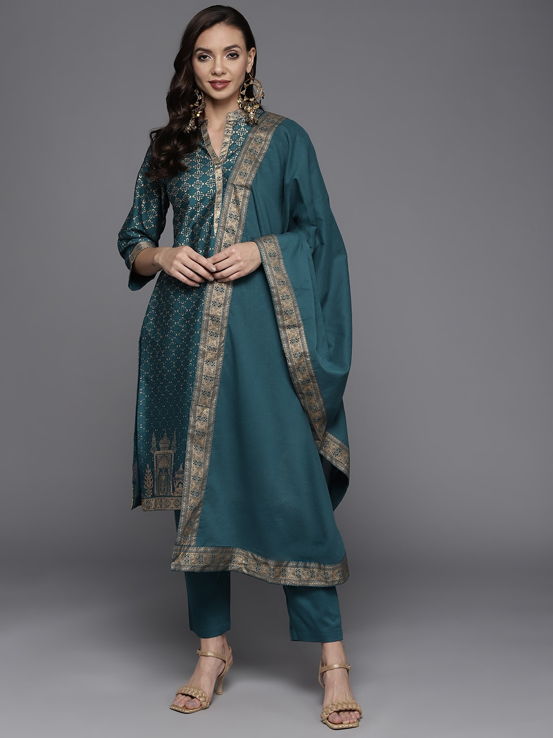Buy Biba Women Teal Blue & Golden Printed Pure Cotton Kurta With