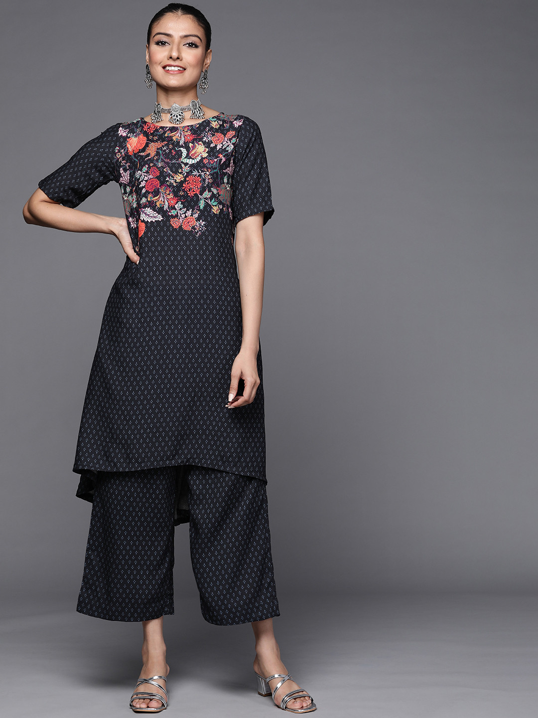 Buy Biba Women Navy Blue Ethnic Motifs Printed Kurta With Palazzos