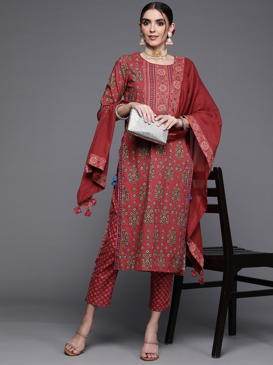 Buy Biba Women Maroon Pure Cotton Ethnic Motifs Printed Kurta With