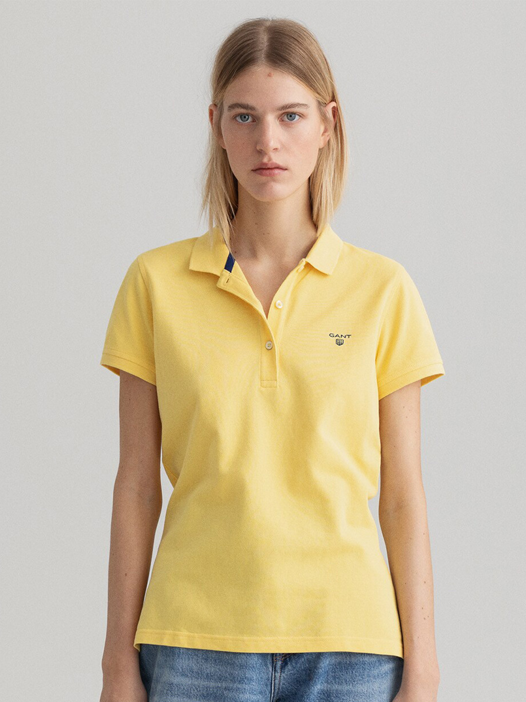 Gant Women Yellow Striped Spread Collar Short Sleeves Shirt