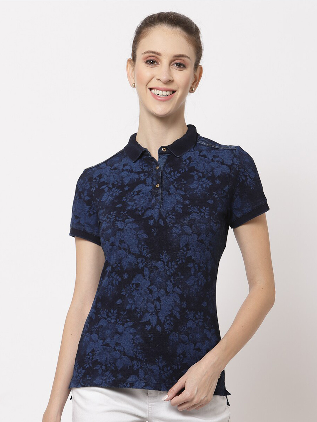 Buy Juelle Women Navy Blue & Black Floral Printed Polo Collar Cotton