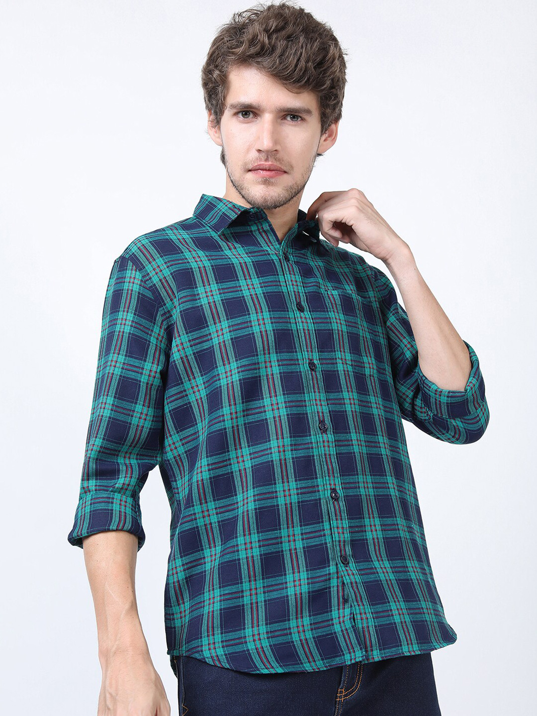 Men's Navy Blue Comfort Tartan Checks Cotton Casual Shirt