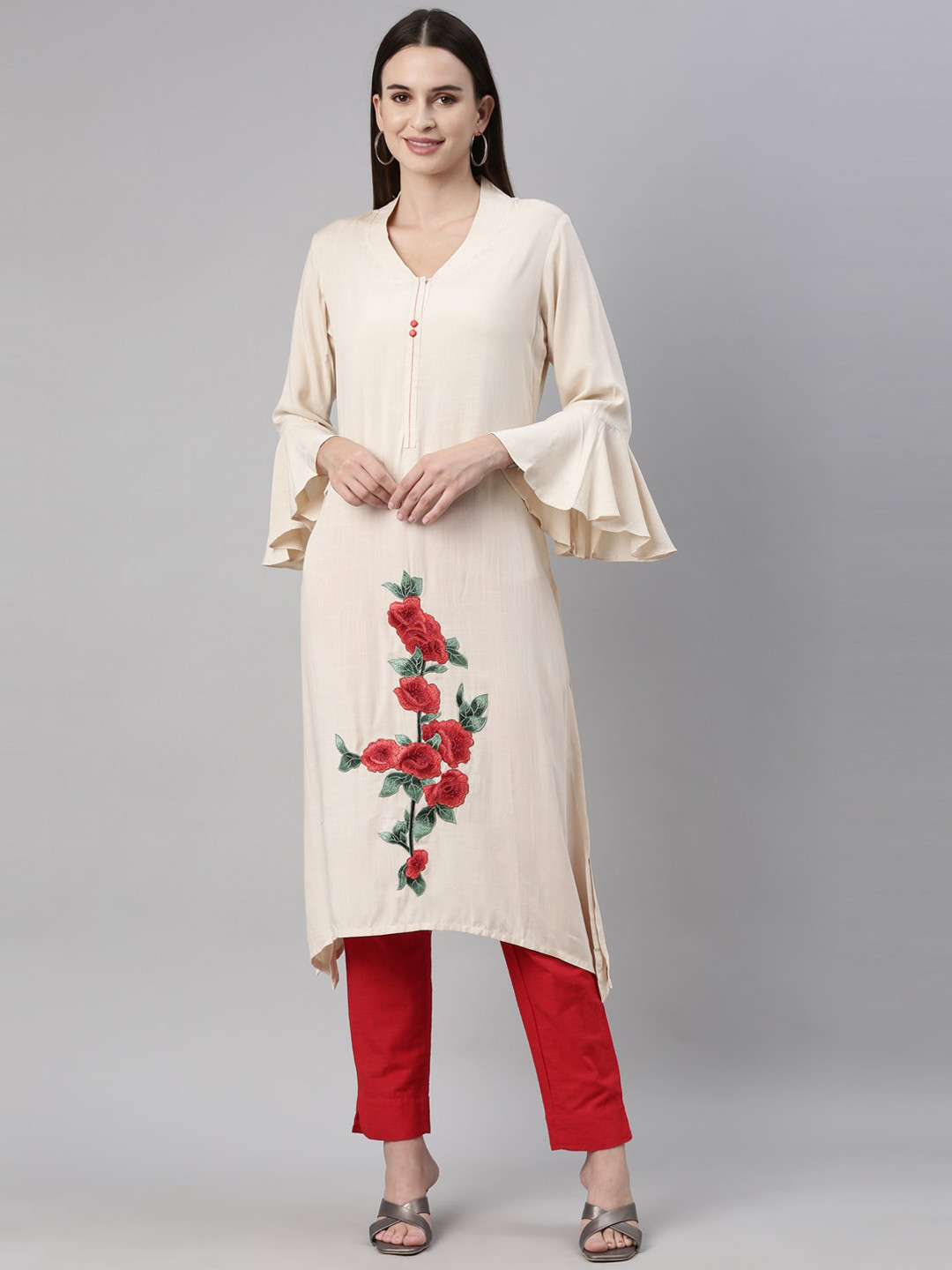 Buy Neerus Women Cream Floral Embroidered Flared Sleeves V Neck Patch