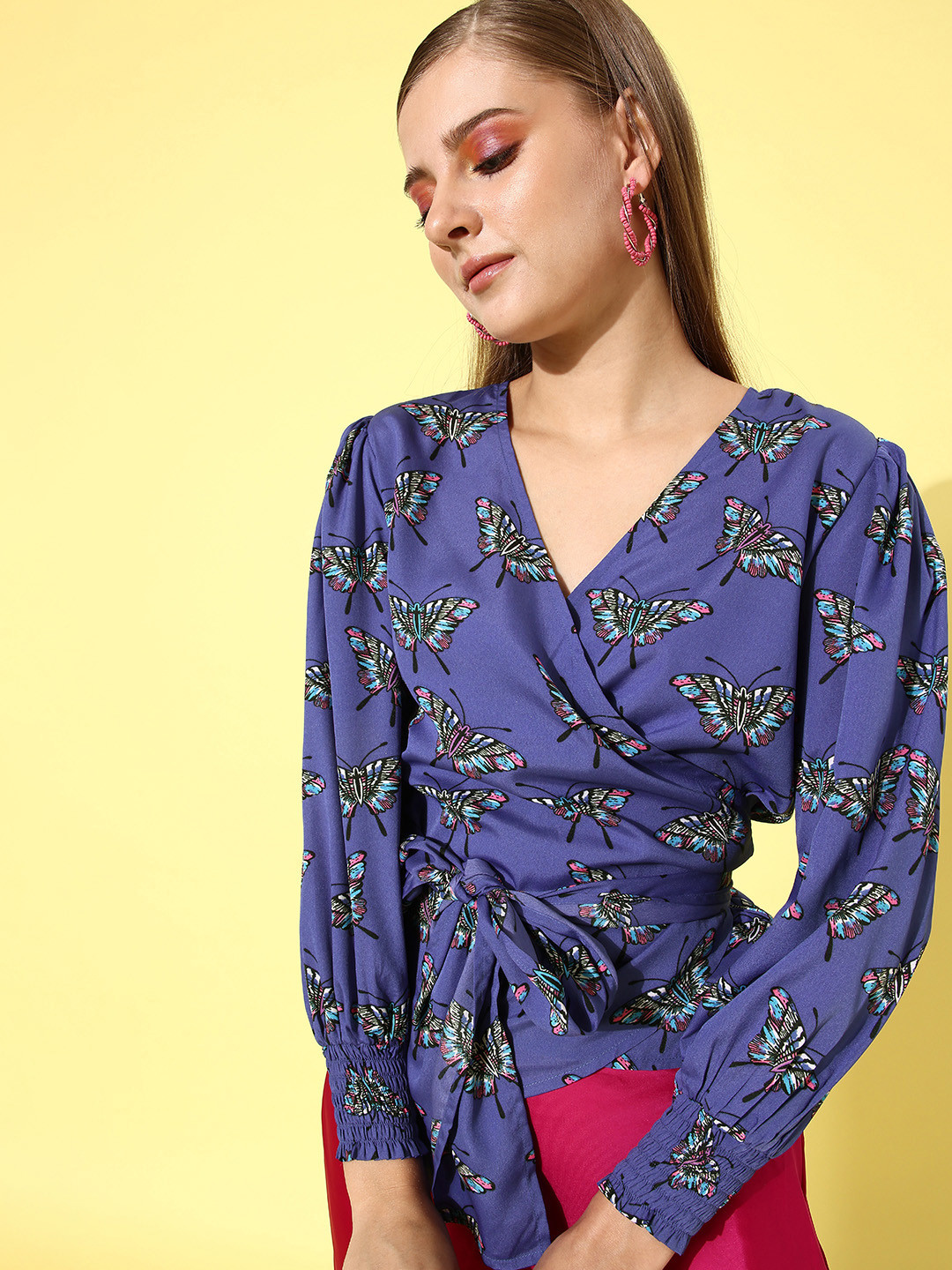 Buy Style Quotient Women Purple & Pink Conversational Print Wrap Top