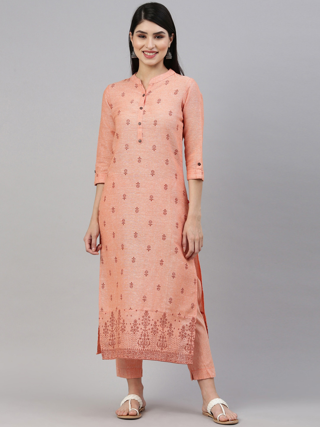 Floral printed orange round_neck Pure Cotton Kurta Set With Trouser & Dupatta main image 1