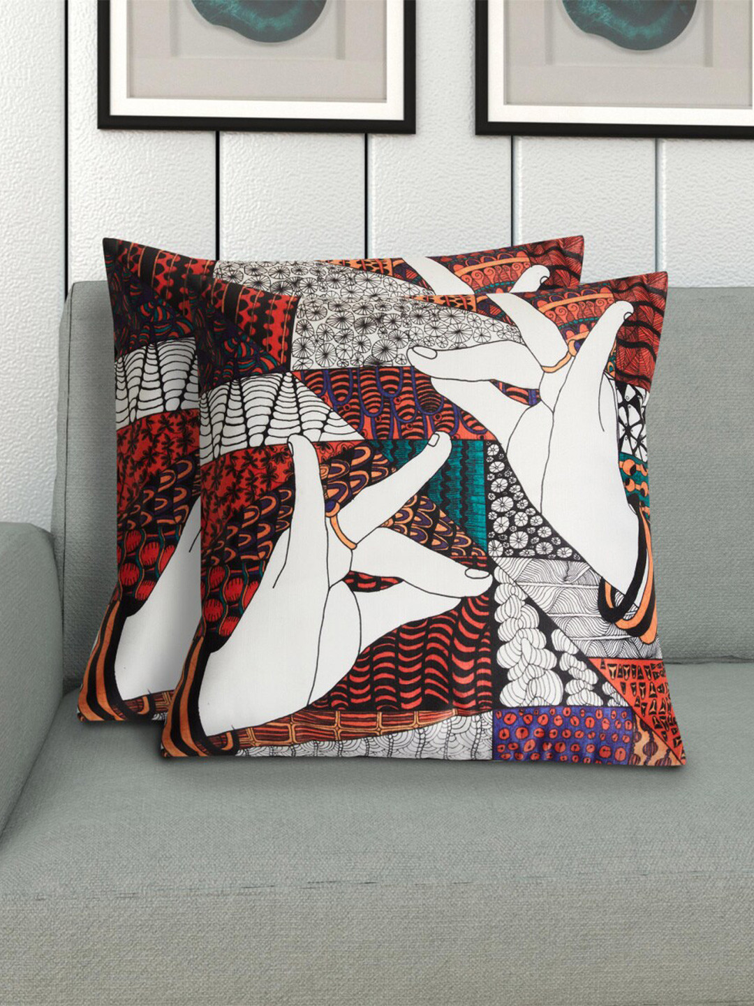 Buy Home Centre White & Orange Set Of 2 Abstract Square Cushion Covers