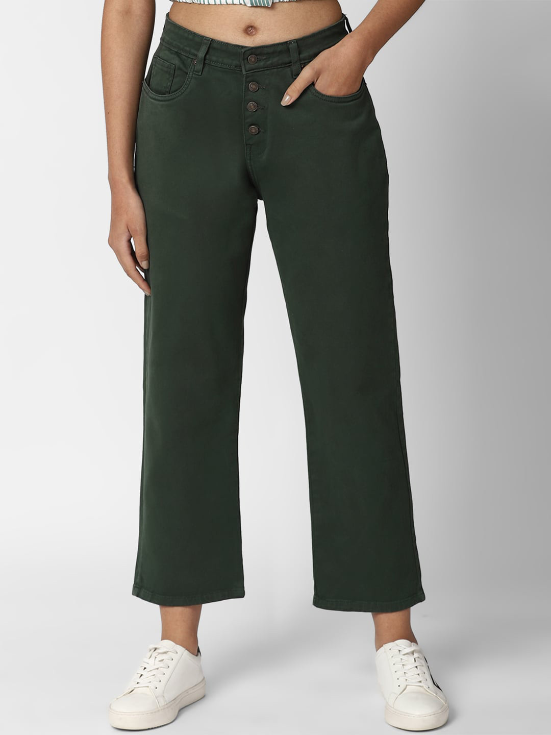 Buy FOREVER 21 Women Green Solid Cropped Wide Leg Jeans Jeans for