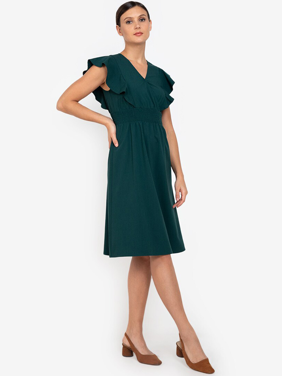 Buy ZALORA WORK Green Ruffled Smocked Wrap Midi Dress Dresses for