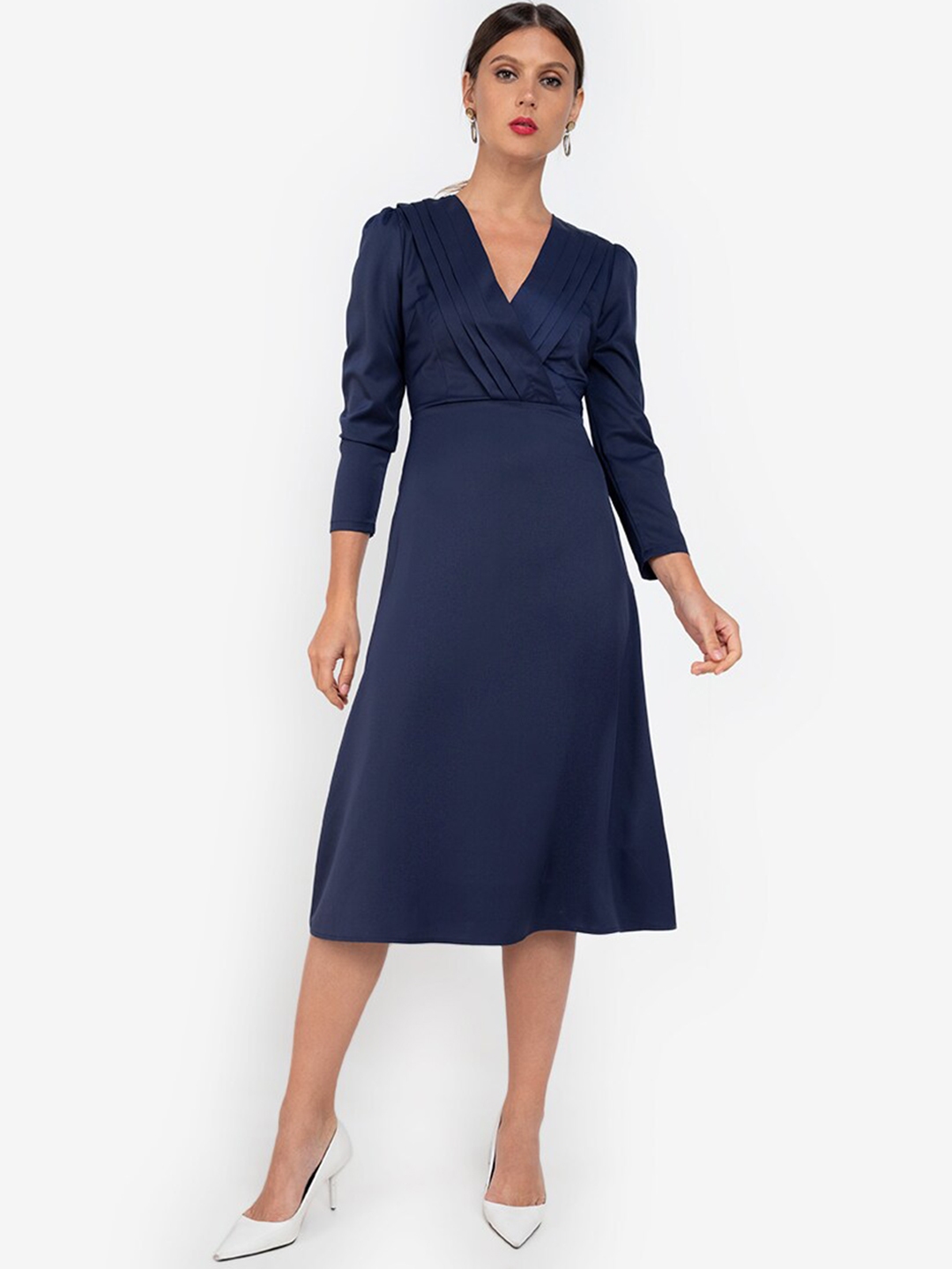 Buy Zalora Work Navy Blue Pleated Wrap Midi Dress Dresses For Women 17947484 Myntra 