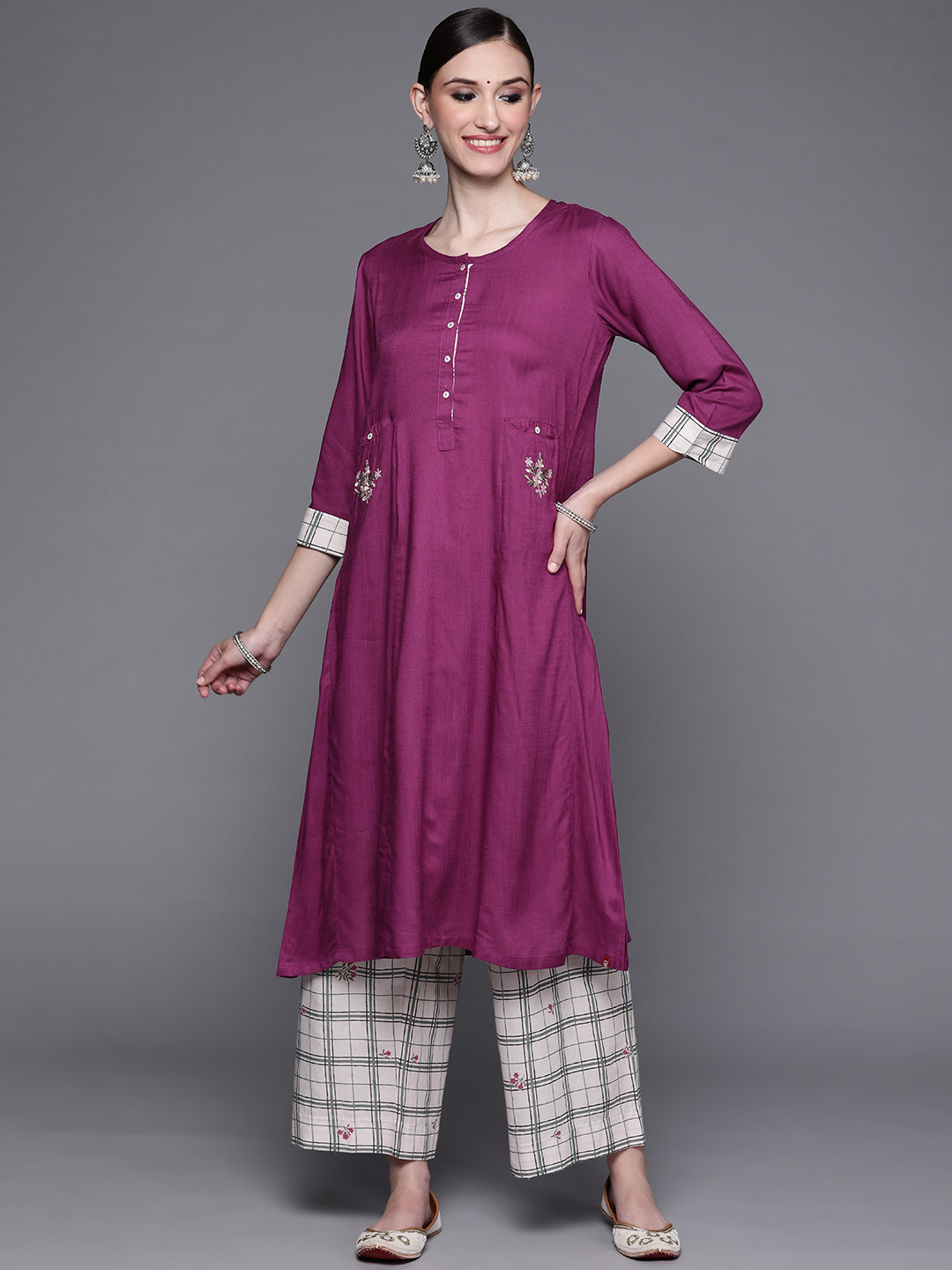 Buy Biba Women Purple Floral Embroidered Pleated Kurta With Checked