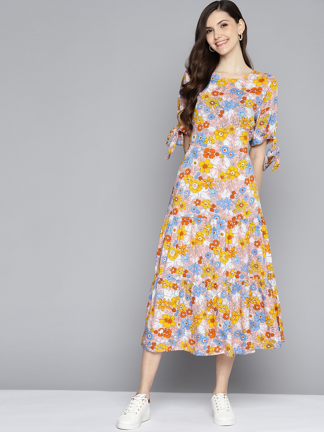 Buy Mast And Harbour Pink And Mustard Yellow Floral Print A Line Midi Dress Dresses For Women 