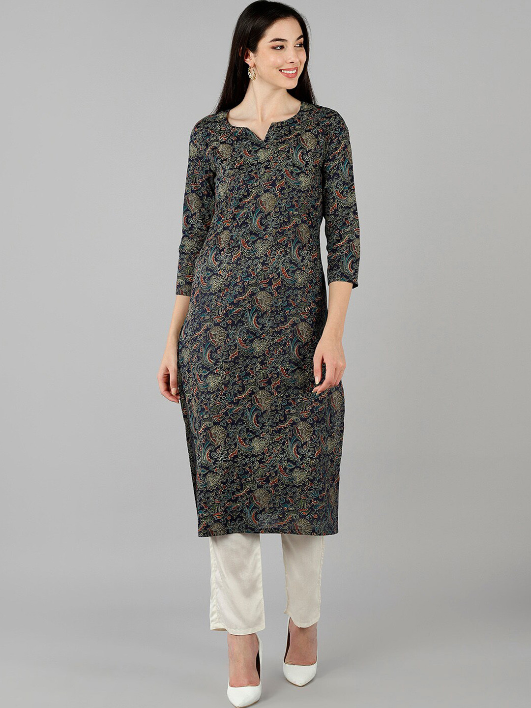 Women Blue & Yellow Floral Printed Keyhole Neck Floral Kurta