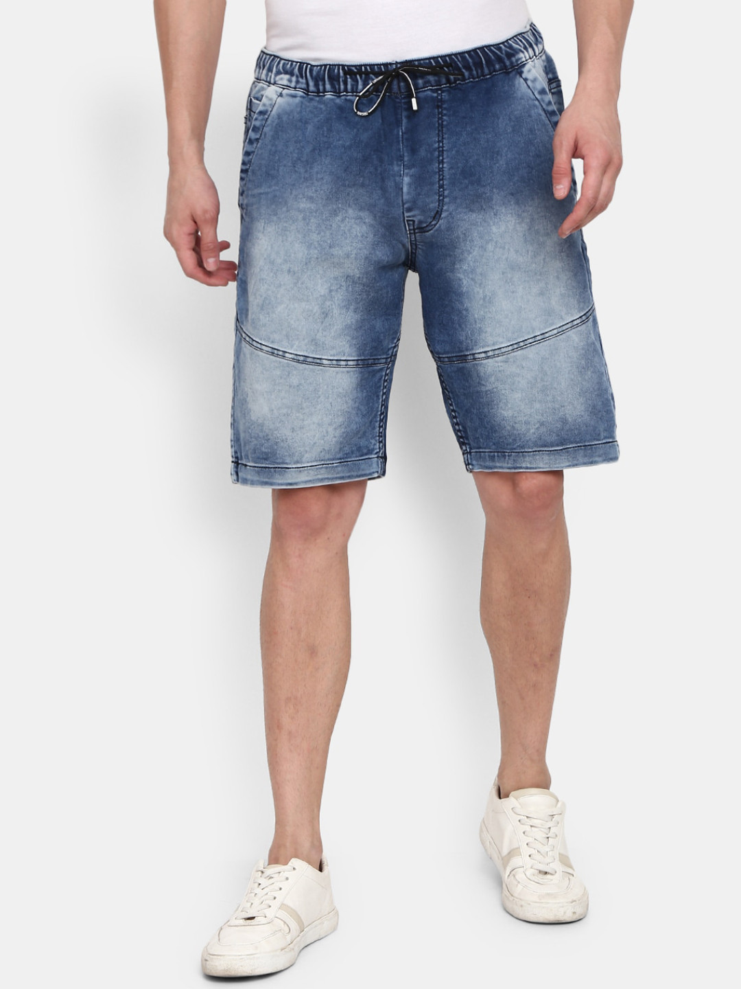 Buy V Mart Men Solid Cotton Blue Washed High Rise Denim Shorts Above