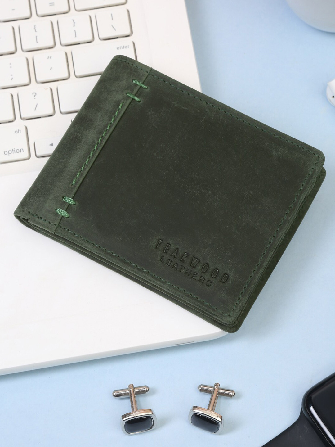 Buy Teakwood Leathers Men Olive Green Leather Two Fold Solid Wallet