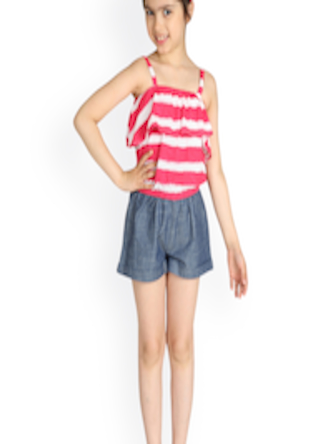 Buy My Lil Berry Girls Pink & Blue Striped Denim Playsuit - Jumpsuit ...