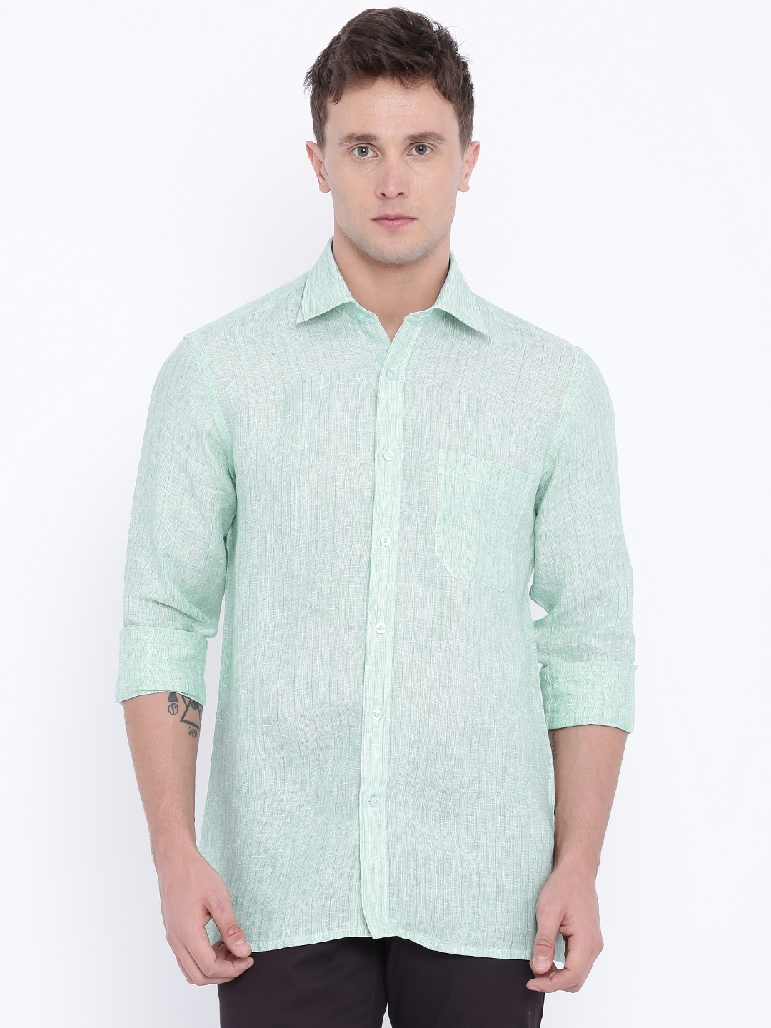 Buy Raymond Men Green Linen Self Design Formal Shirt - Shirts for Men ...