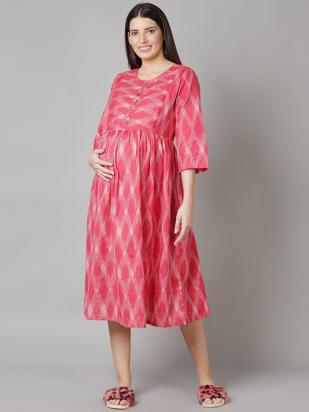 Buy Cot'N Soft Pink Ikat Pure Cotton Maternity A Line Midi Dress