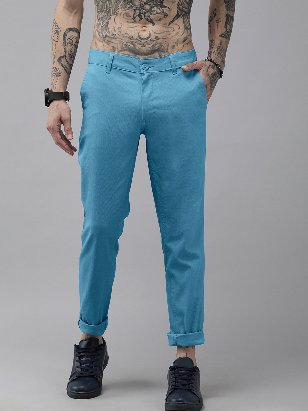 Buy Roadster Men Blue Mid Rise Solid Plain Trousers - Trousers for Men ...