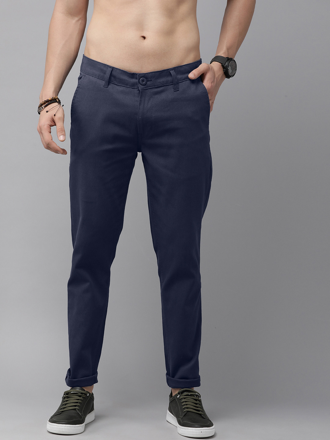 Buy The Roadster Lifestyle Co. Men Navy Blue Solid Regular Fit Trousers ...