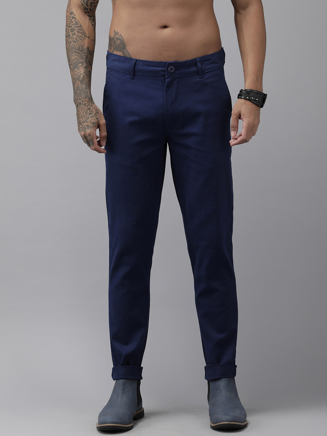 Buy Roadster Men Navy Blue Slim Tapered Fit Chinos - Trousers for Men ...