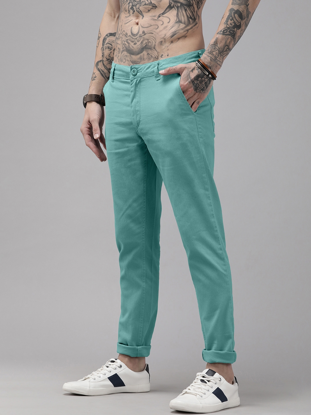 Buy Roadster Men Turquoise Blue Slim Fit Chinos Trousers - Trousers for ...