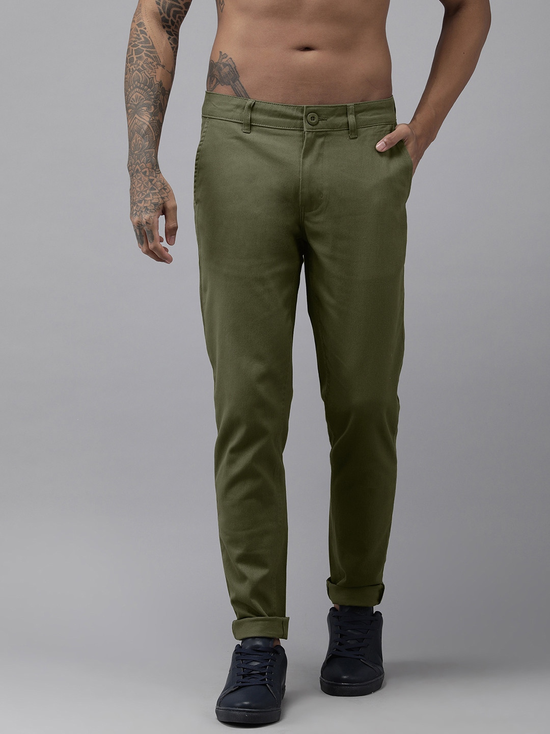 Buy Roadster Men Olive Green Slim Tapered Fit Chinos - Trousers for Men ...