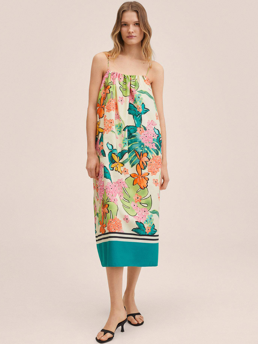 Buy MANGO Green & Pink Floral Print Cotton A Line Midi Dress Dresses