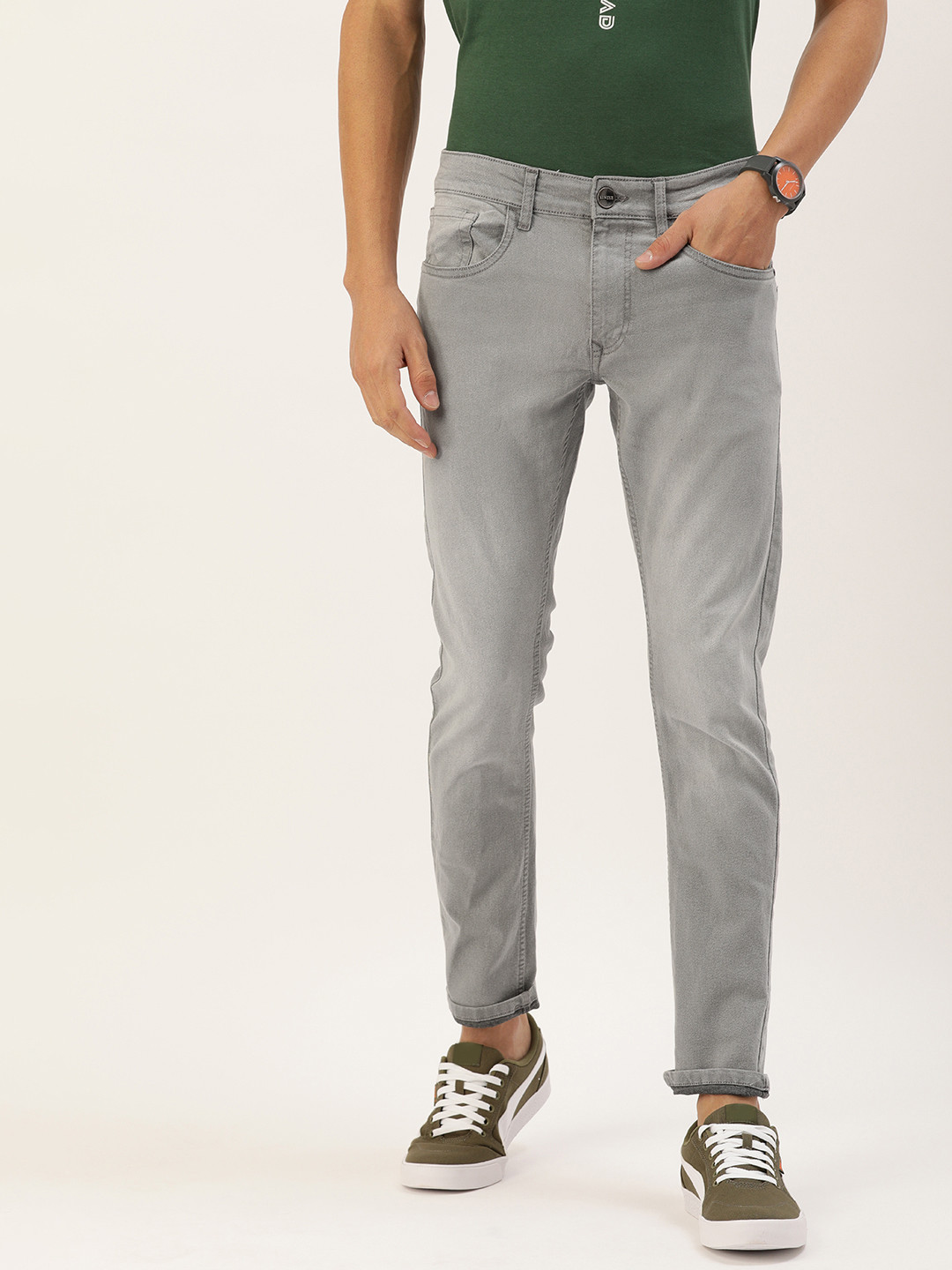 Buy SINGLE Men Grey Slim Tapered Fit Light Fade Stretchable Jeans