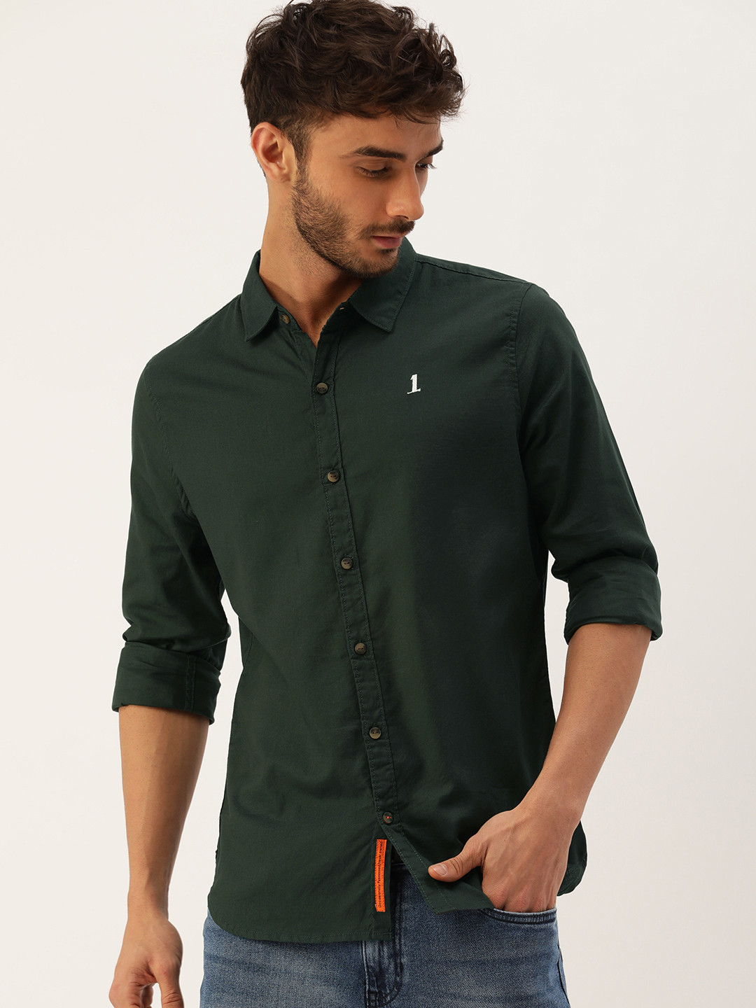 Buy SINGLE Men Green Solid Slim Fit Casual Pure Cotton Shirt Shirts