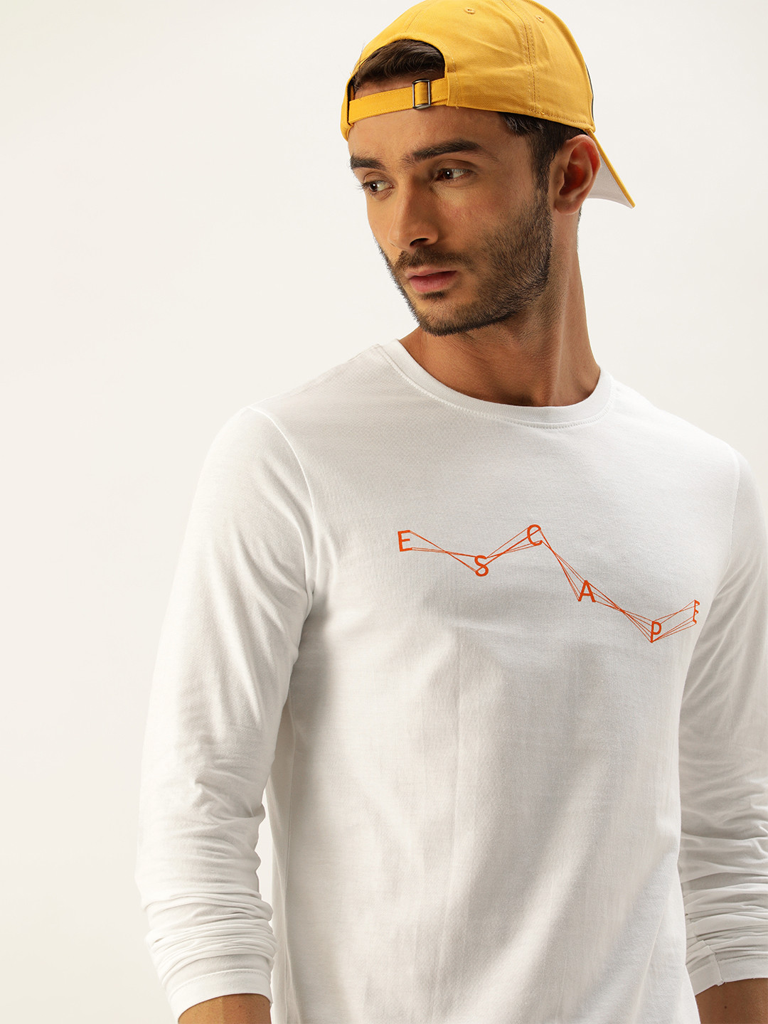 Buy SINGLE Men White & Orange Printed Pure Cotton Slim Fit T Shirt