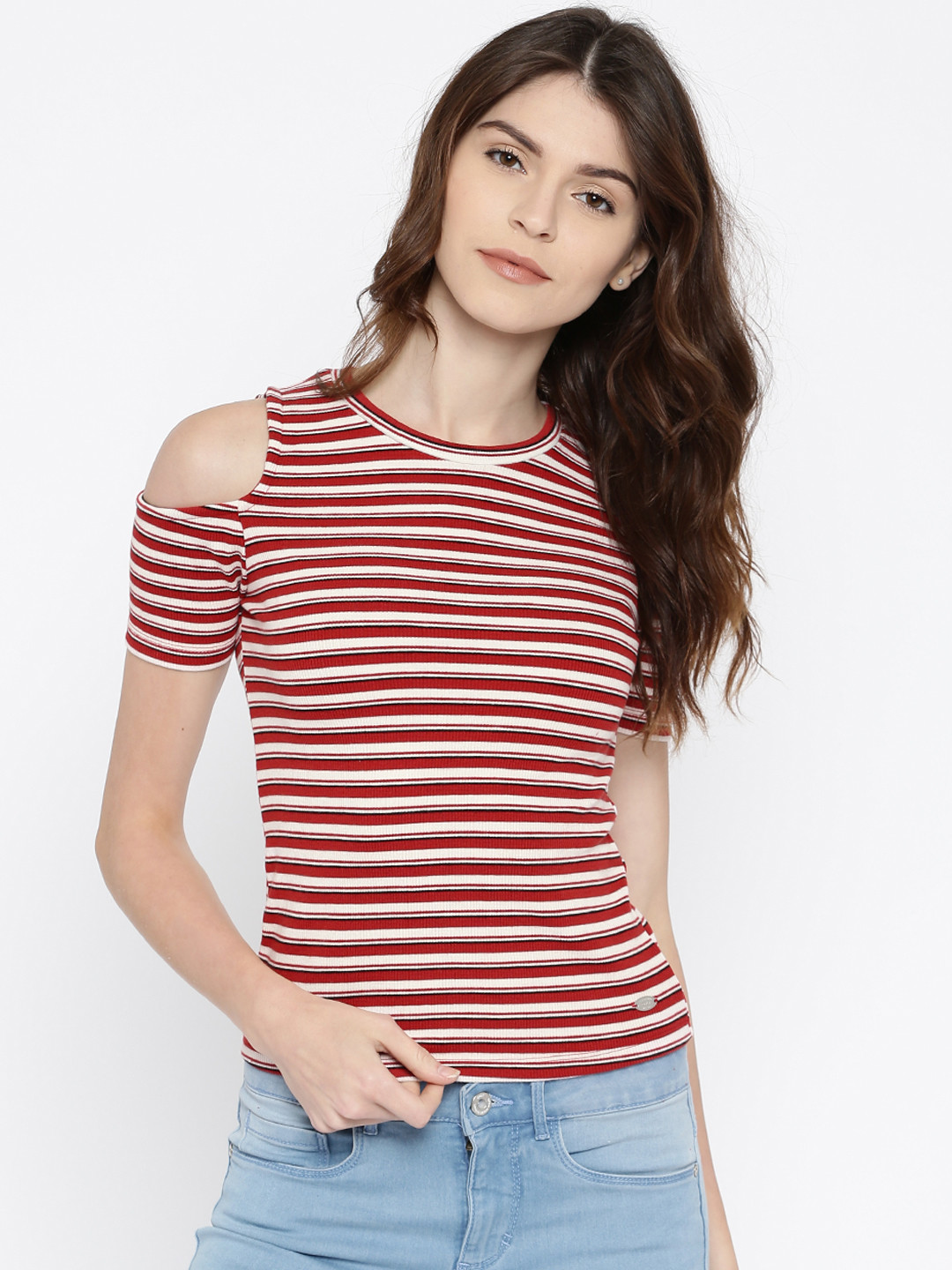 Buy ONLY Women Red & White Striped Cold Shoulder Top Tops for Women