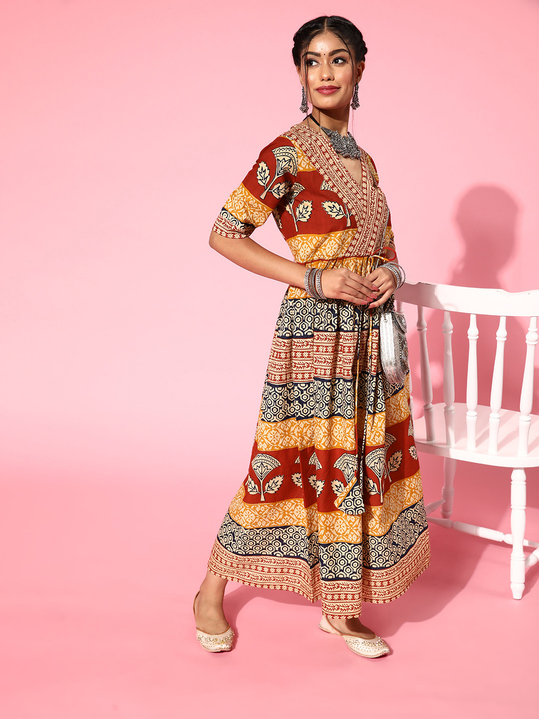 Buy Mokshi Women Beige Tribal Print Parade Dress Ethnic Dresses for